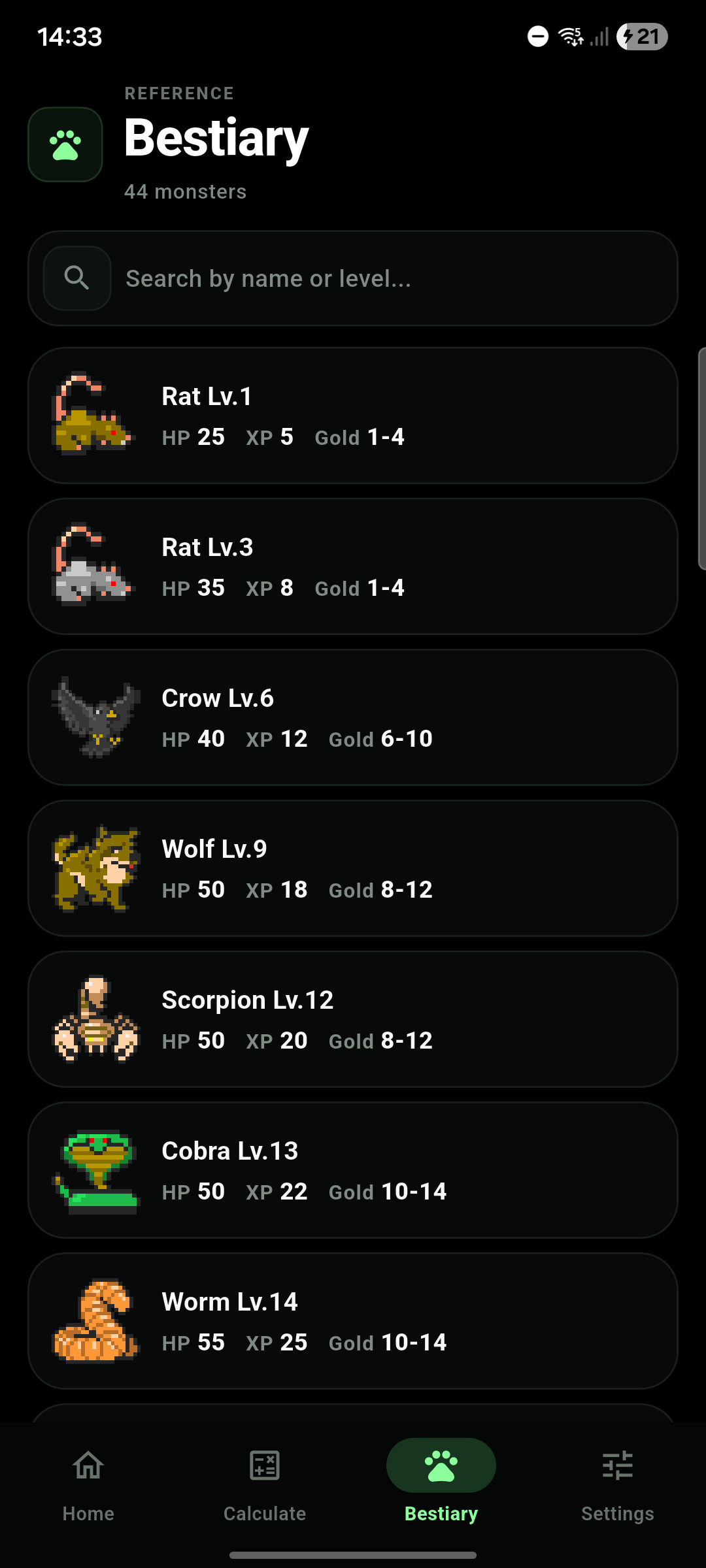 Rucoy Calculator promotional screenshot showing the searchable bestiary of Rucoy Online monsters.
