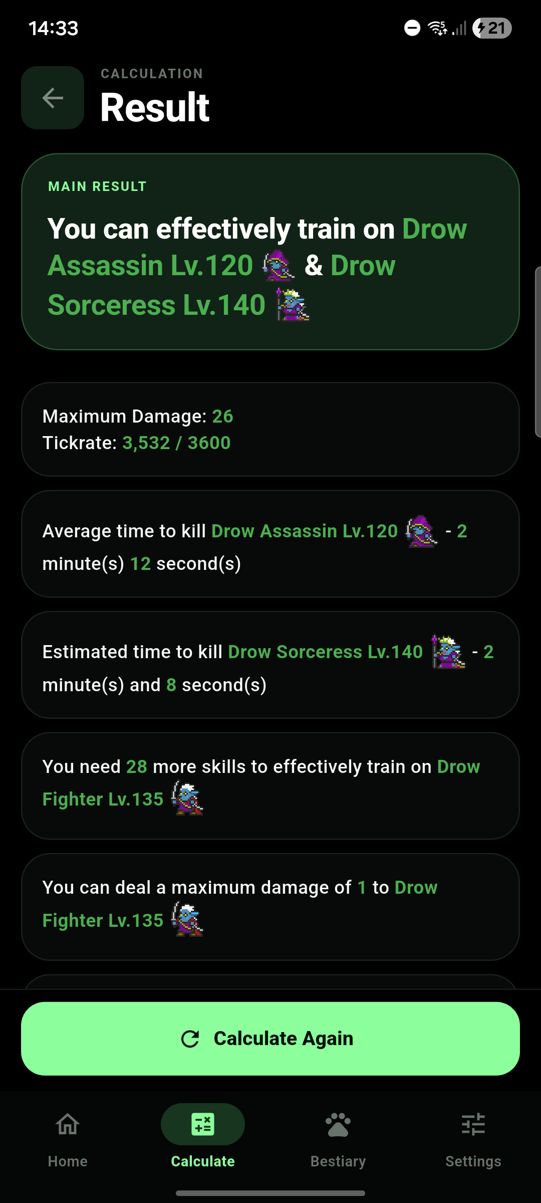 Rucoy Calculator promotional screenshot showing the calculated training result breakdown.
